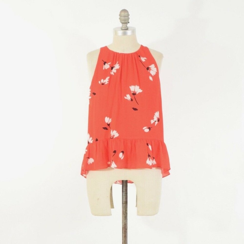 Joie Red Floral Ruffle Hem Silk Blouse